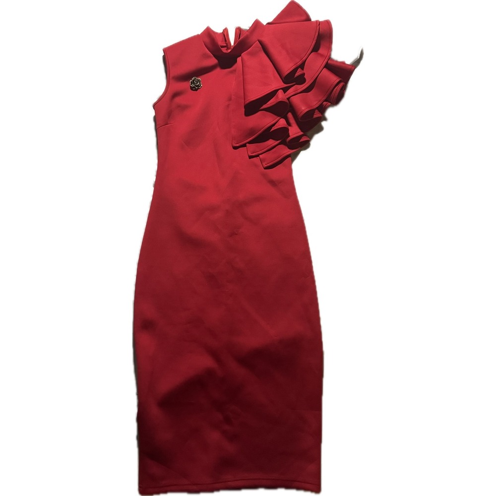 Red Ruffle Shoulder Sheath Dress with Rose Brooch‎ Sleeveless Mock Neck Cocktail
